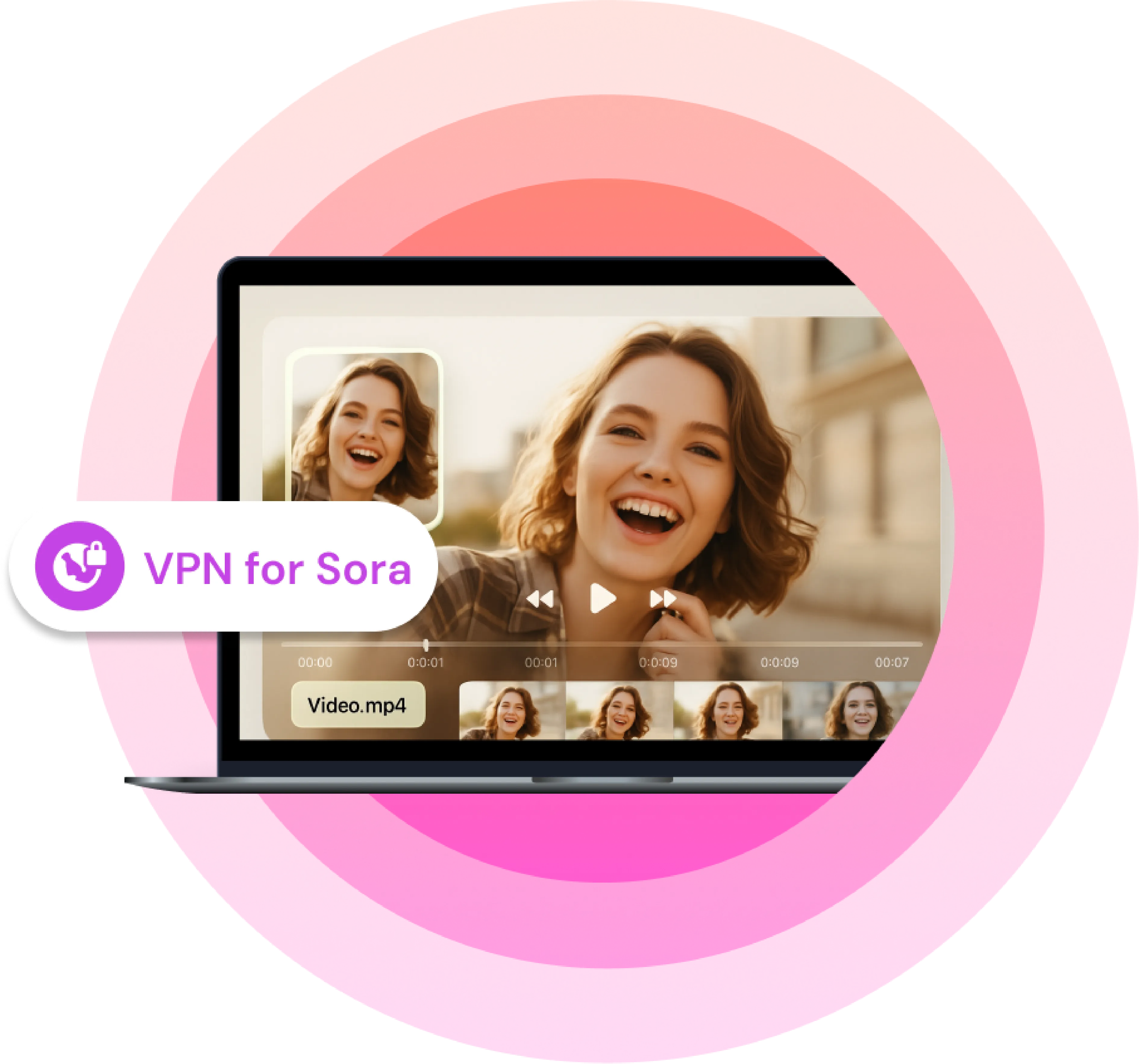 Laptop screen showing a smiling woman in a video editing interface with a timeline and video thumbnails, overlaid with a ‘VPN for Sora’ label.